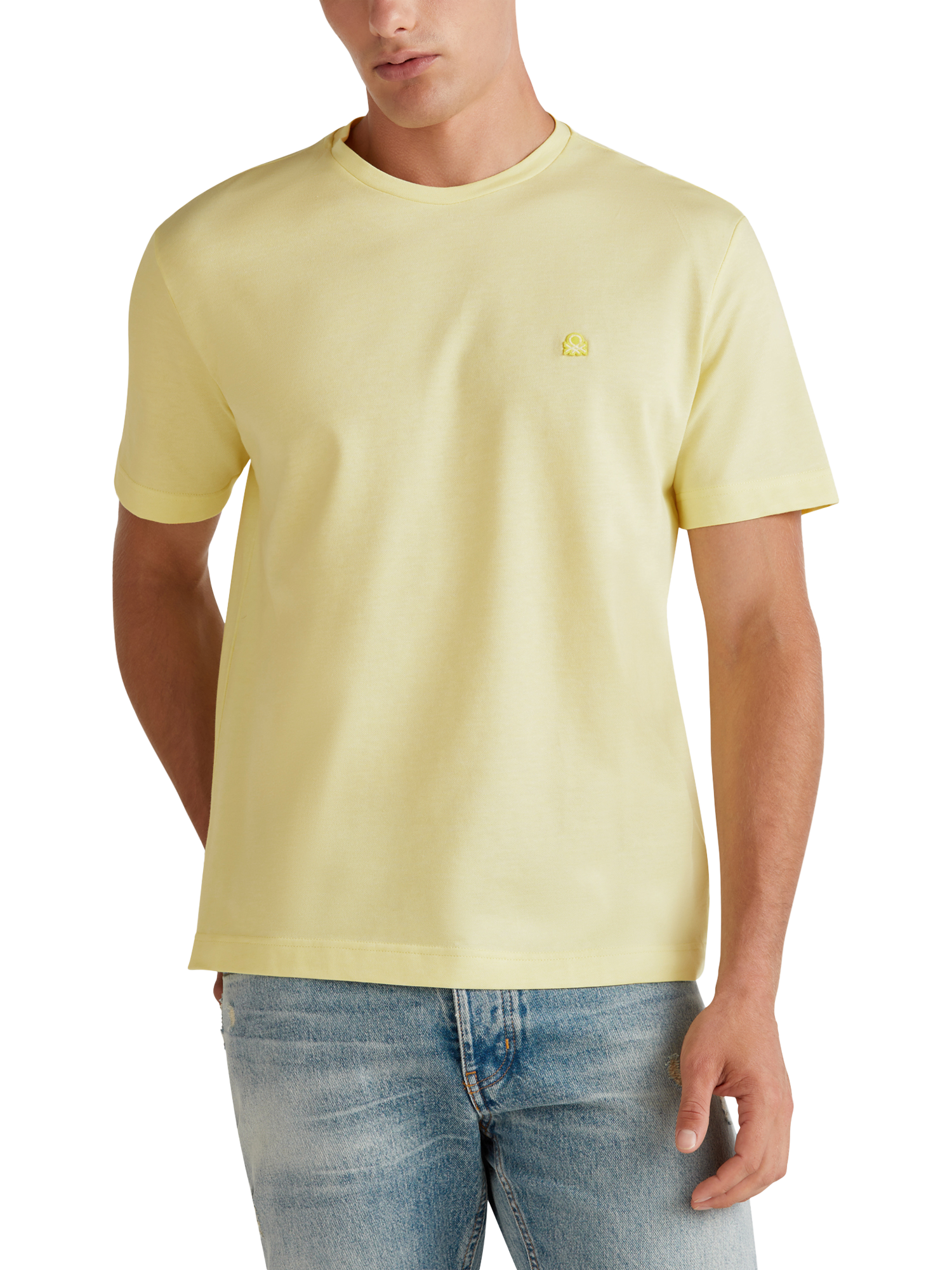 Product image 1 of 4, which shows Benetton Cotton Regular Fit Oxford Piquet Short Sleeve T-Shirt, Yellow, M