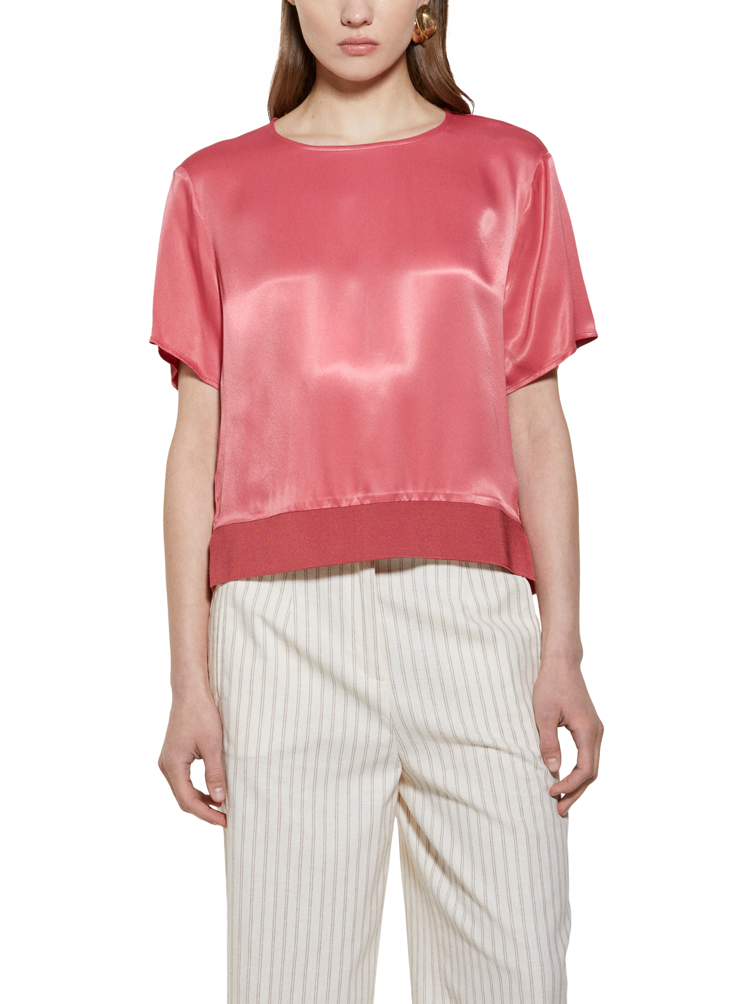 Product image 1 of 4, which shows SISLEY Crew Neck Satin Top, Red, XS