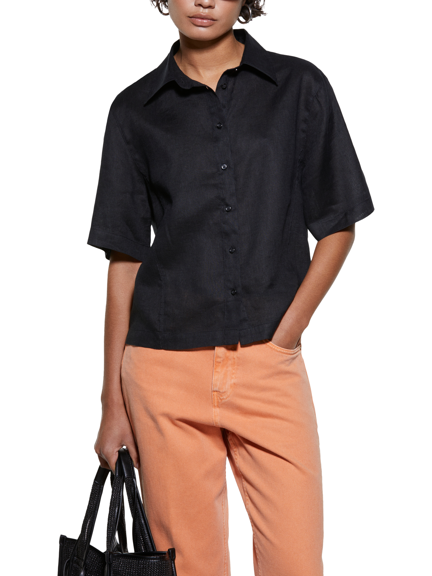 Product image 1 of 3, which shows SISLEY Short Sleeve Pure Linen Shirt, Black, L
