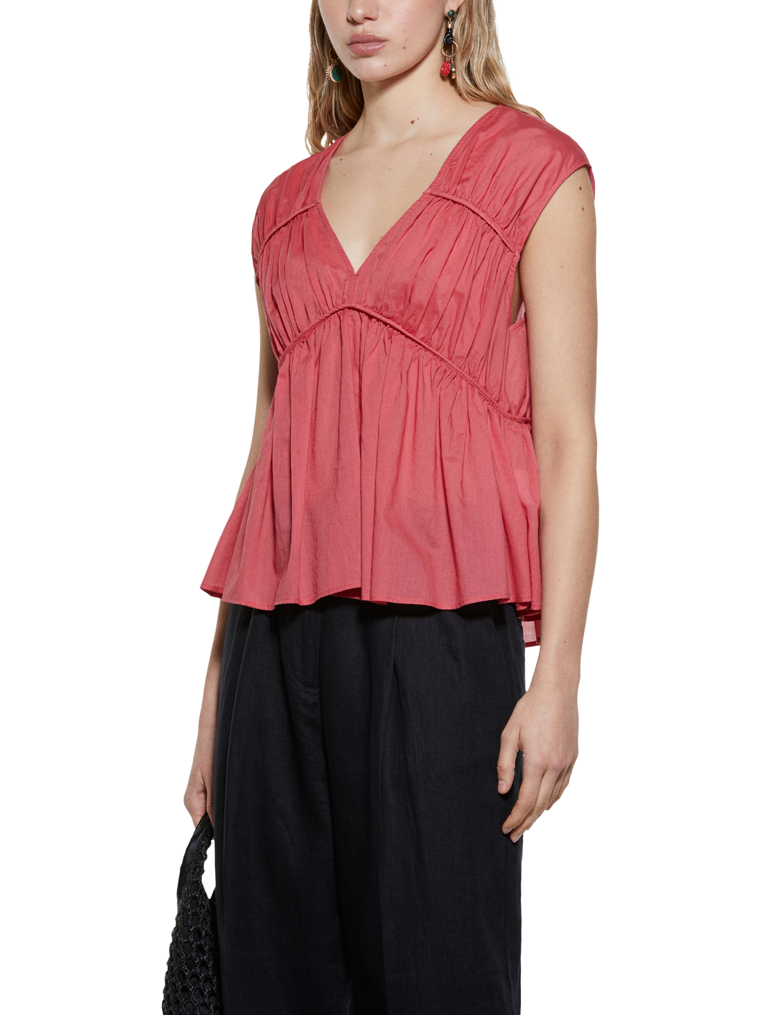 Product image 1 of 5, which shows SISLEY V-Neck Gathered Sleeveless Top, Pale Red, M
