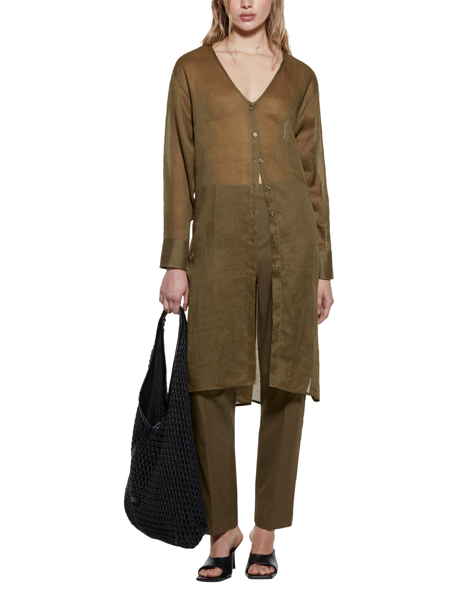 Product image 1 of 5, which shows SISLEY V-Neck Longline Shirt, Khaki, L