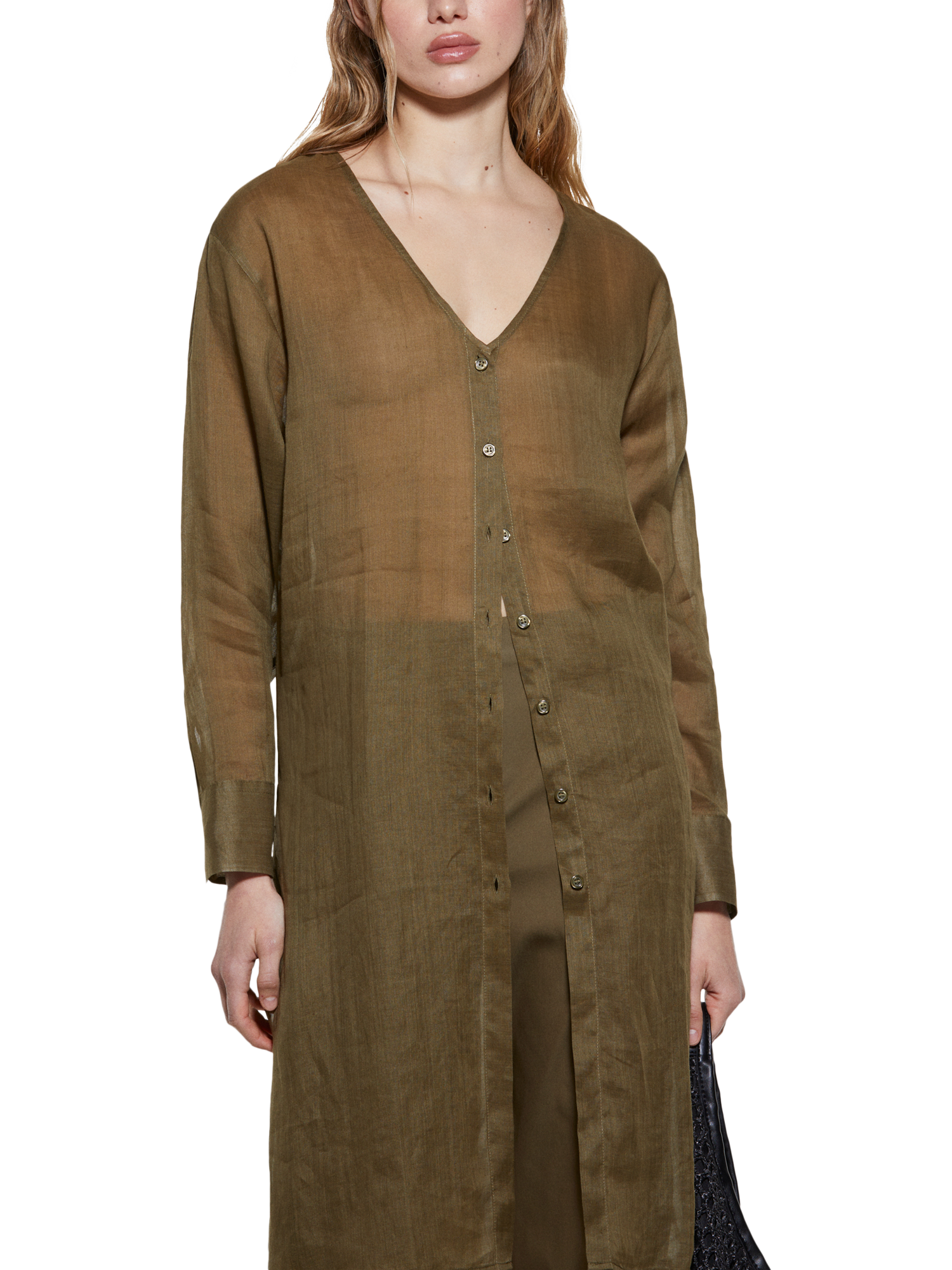 Product image 3 of 5, which shows SISLEY V-Neck Longline Shirt, Khaki, L