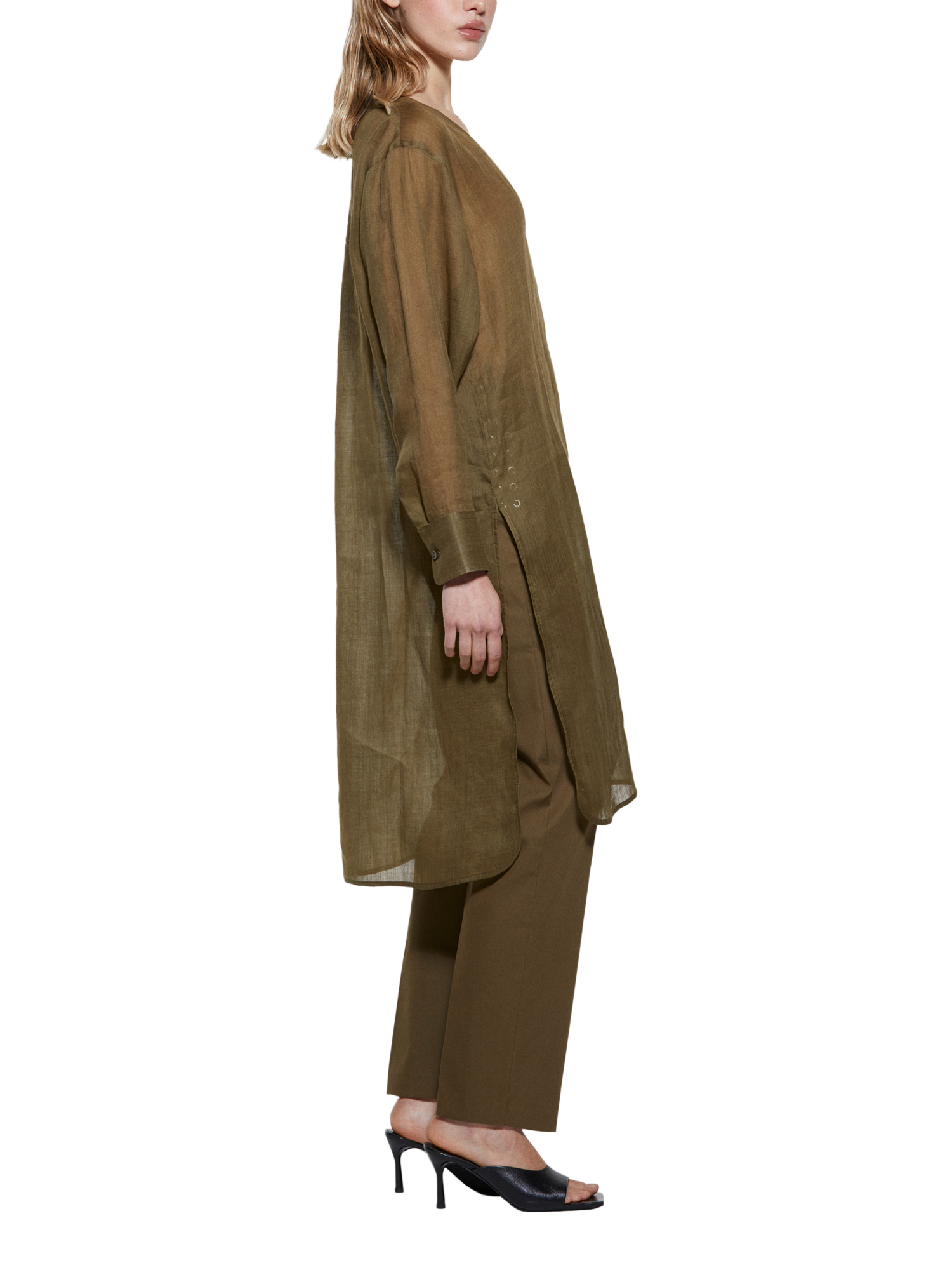 Product image 4 of 5, which shows SISLEY V-Neck Longline Shirt, Khaki, L