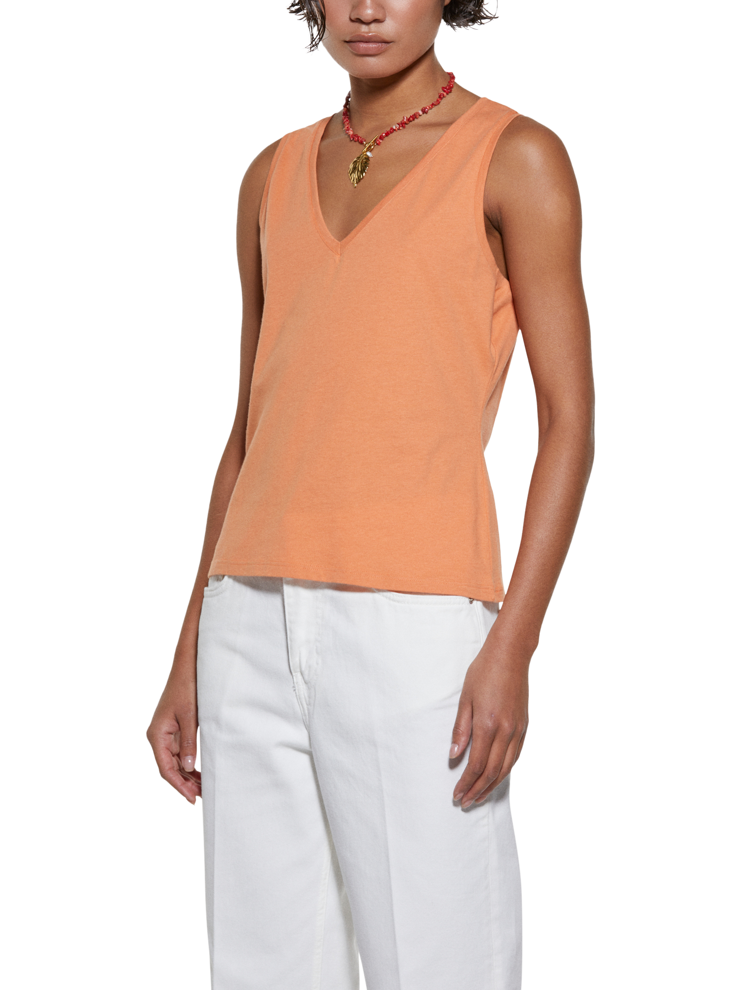 Product image 1 of 5, which shows SISLEY V-Neck Jersey Vest Top, Orange, XS
