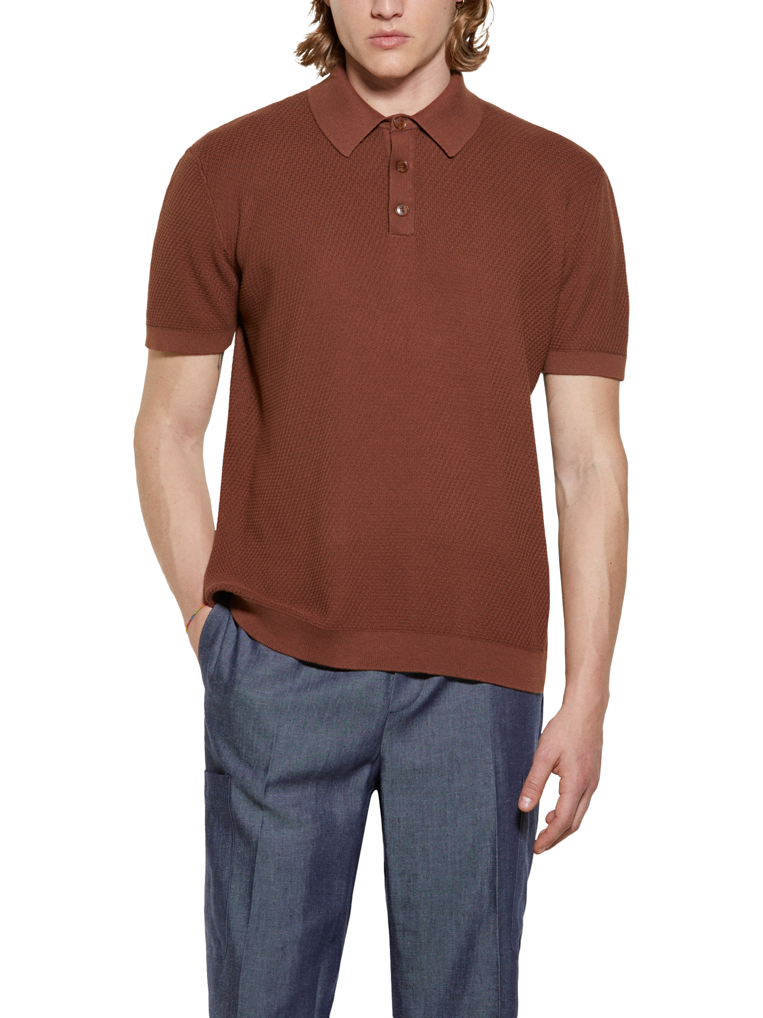 Product image 1 of 5, which shows SISLEY Short Sleeve Cotton Polo Shirt, Brown, S