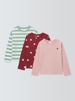 John Lewis Kids' Stripe/Polka Dot/Heart Long Sleeve Tops, Pack of 3, Multi, Multi
