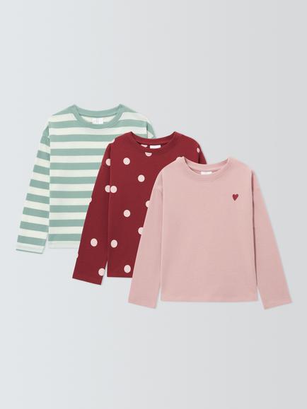 John Lewis Kids' Stripe/Polka Dot/Heart Long Sleeve Tops, Pack of 3, Multi, Multi