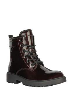 Geox Kids' Casey Patent Lace-Up Ankle Boots, Dk Burgundy/Black - view 2, Dk Burgundy/Black