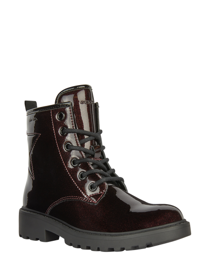 Geox Kids' Casey Patent Lace-Up Ankle Boots, Dk Burgundy/Black - view 2, Dk Burgundy/Black