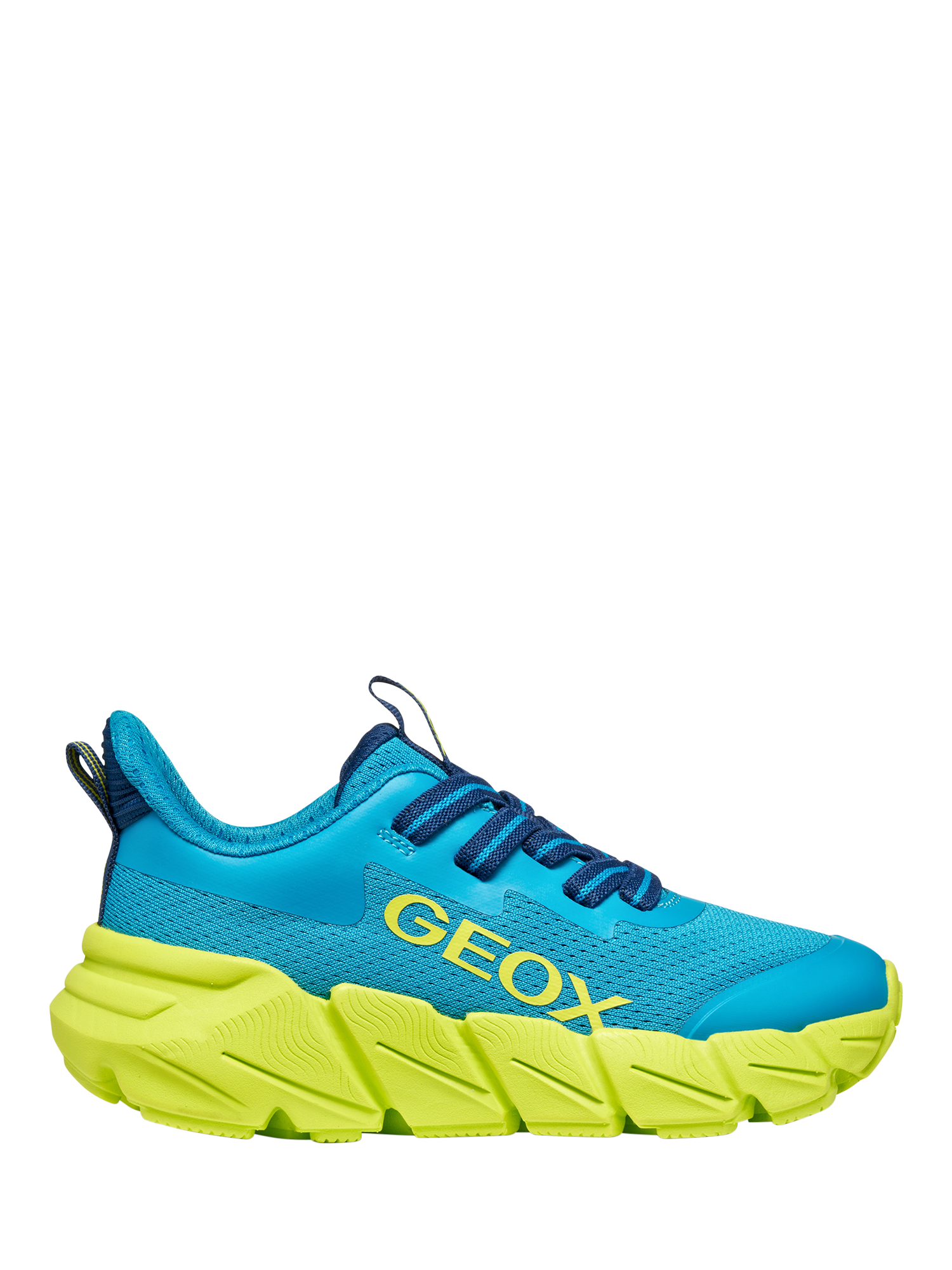Product image 1 of 10, which shows Geox Kids' Flexyper FAST Mesh Low Cut Trainers, Light Blue/Lime, EU28