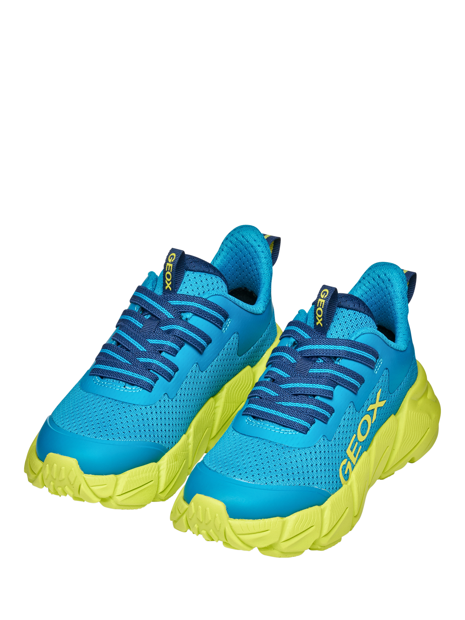 Product image 3 of 10, which shows Geox Kids' Flexyper FAST Mesh Low Cut Trainers, Light Blue/Lime, EU28