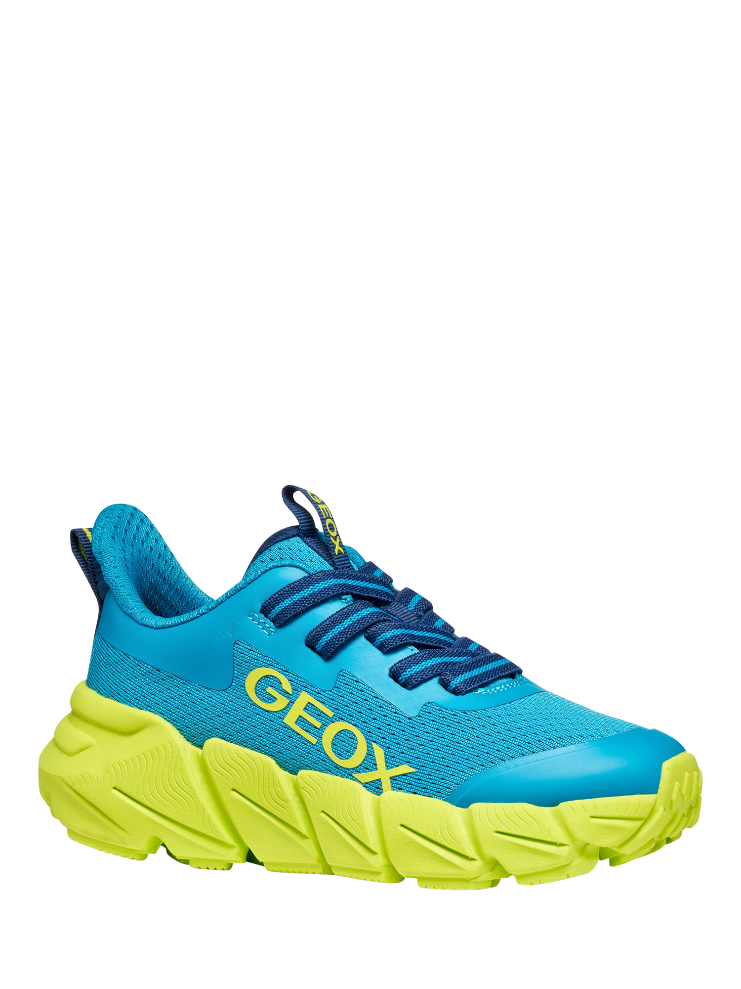 Product image 5 of 10, which shows Geox Kids' Flexyper FAST Mesh Low Cut Trainers, Light Blue/Lime, EU28
