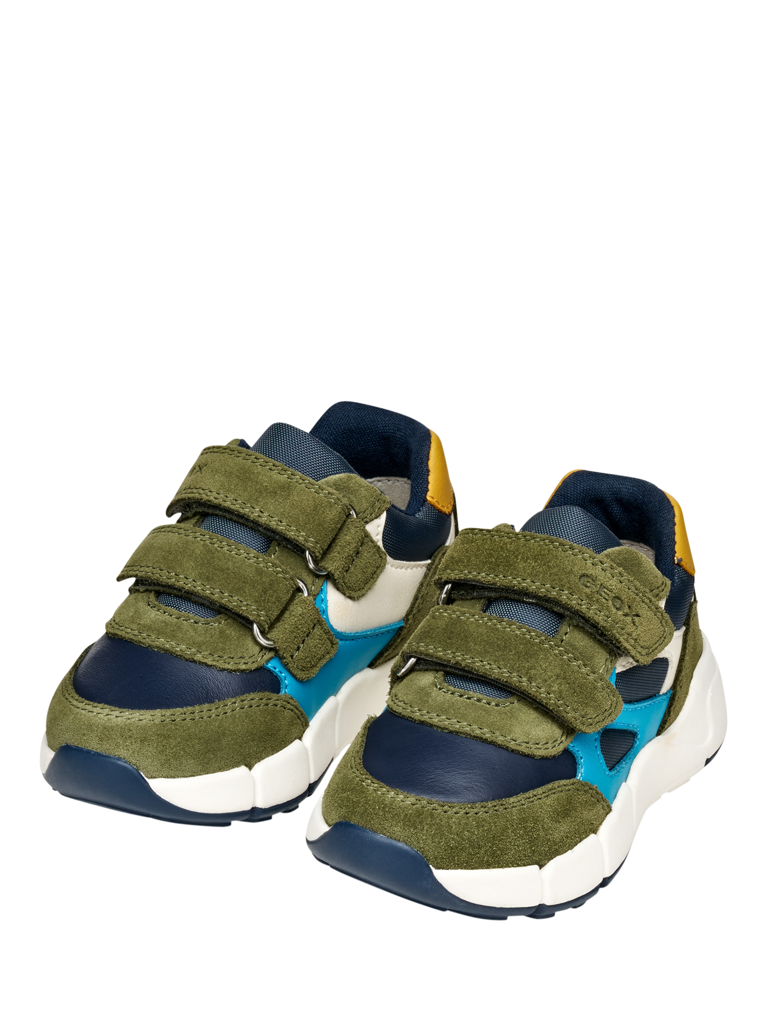 Product image 3 of 10, which shows Geox Kids' Flexyper Mini Suede Trainers, Dark Green/Navy, EU20