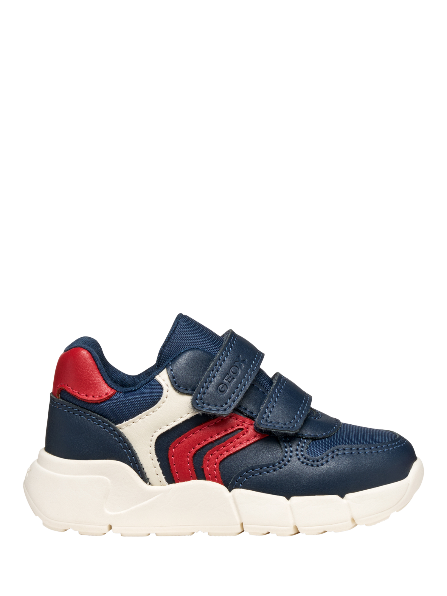 Product image 1 of 10, which shows Geox Kids' Flexyper Mini Trainers, Navy/Red, EU20