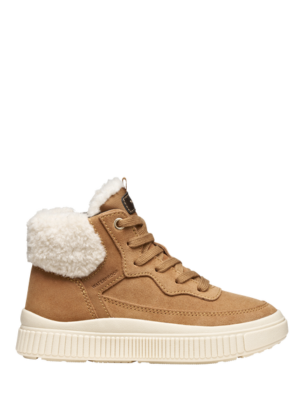 Geox Kids' Laquinny Suede Faux Fur Lace Up Trainers, Whisky, Whisky