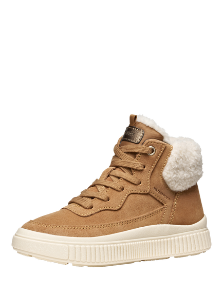 Geox Kids' Laquinny Suede Faux Fur Lace Up Trainers, Whisky - view 2, Whisky