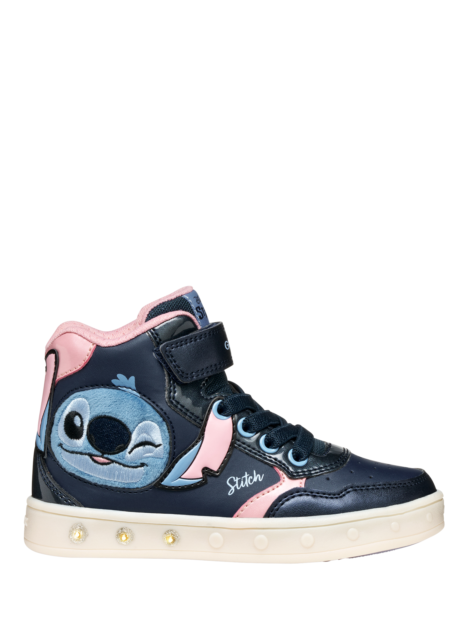 Geox Kids' Disney Skylin Stitch Light Up Trainers, Navy/Pink