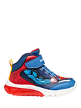Geox Kids' Warner Bros Superman Ciberdron Light-Up High-Top Trainers, Blue/Red