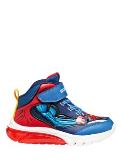 Geox Kids' Warner Bros Superman Ciberdron Light-Up High-Top Trainers, Blue/Red, Blue/Red