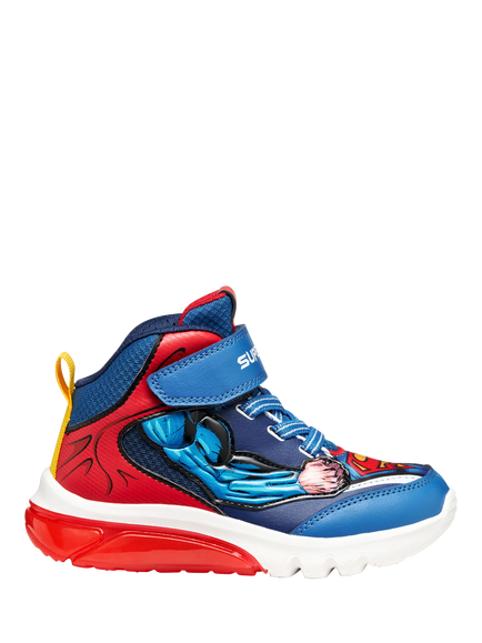 Geox Kids' Warner Bros Superman Ciberdron Light-Up High-Top Trainers, Blue/Red, Blue/Red