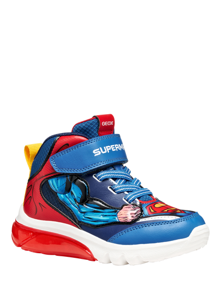 Geox Kids' Warner Bros Superman Ciberdron Light-Up High-Top Trainers, Blue/Red - view 2, Blue/Red