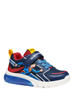 Geox Kids' Warner Bros Superman Ciberdron Light-Up Trainers, Blue/Red - view 2, Blue/Red