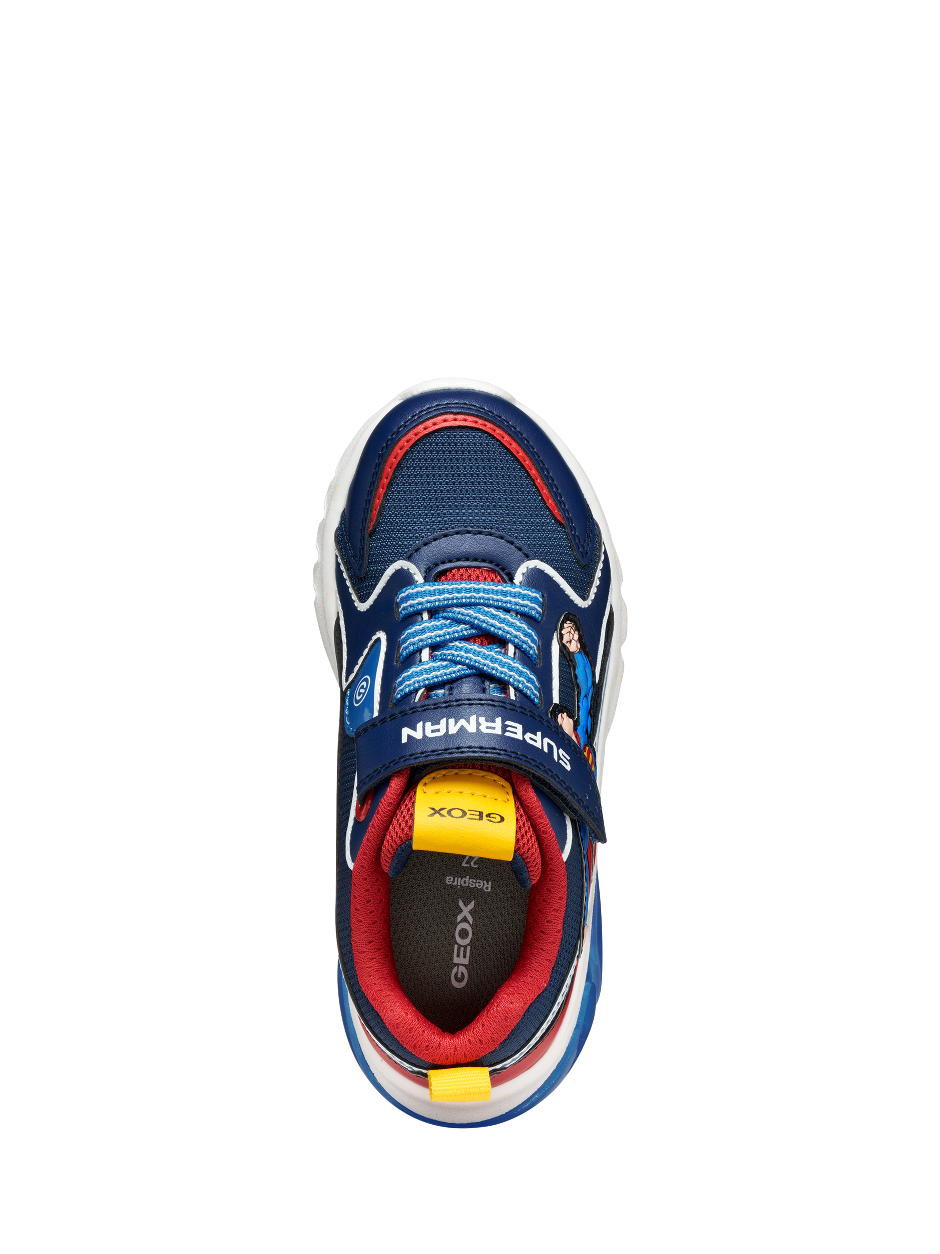 Product image 5 of 7, which shows Geox Kids' Warner Bros Superman Ciberdron Light-Up Trainers, Blue/Red, EU24
