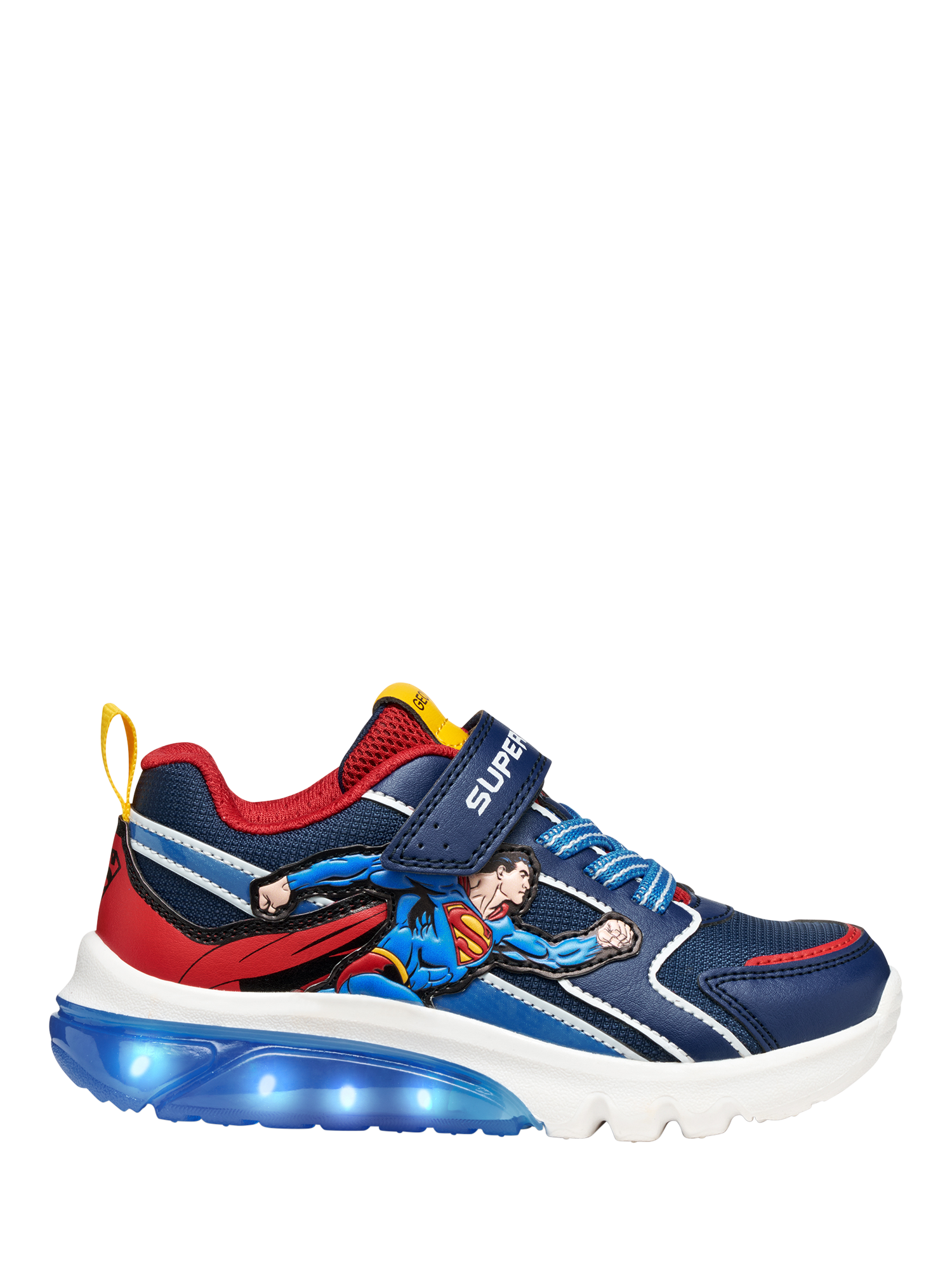 Product image 7 of 7, which shows Geox Kids' Warner Bros Superman Ciberdron Light-Up Trainers, Blue/Red, EU24
