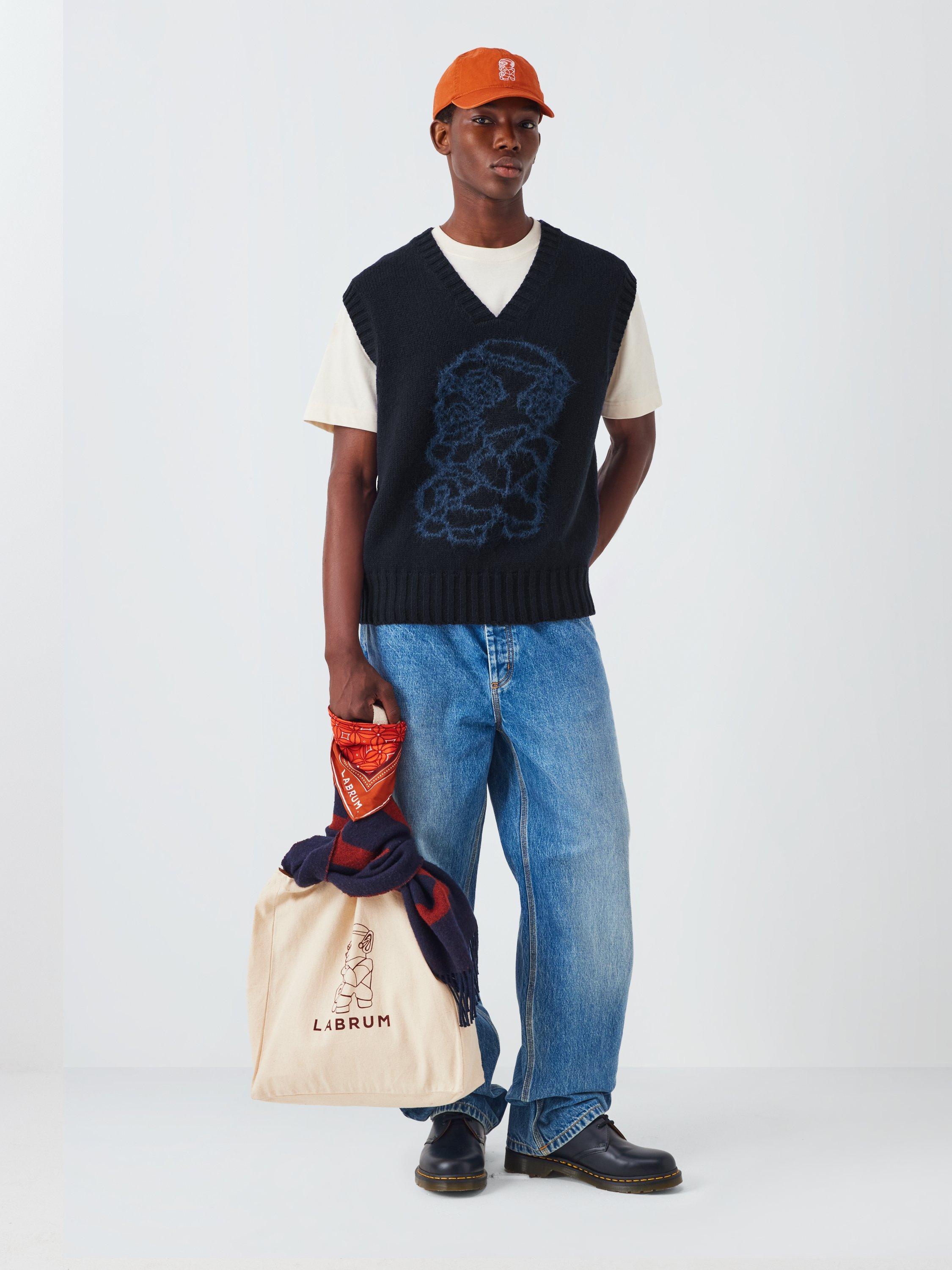 Product image 3 of 6, which shows John Lewis x LABRUM Lambswool Blend V-Neck Tank Top, Navy/ Cobalt, S
