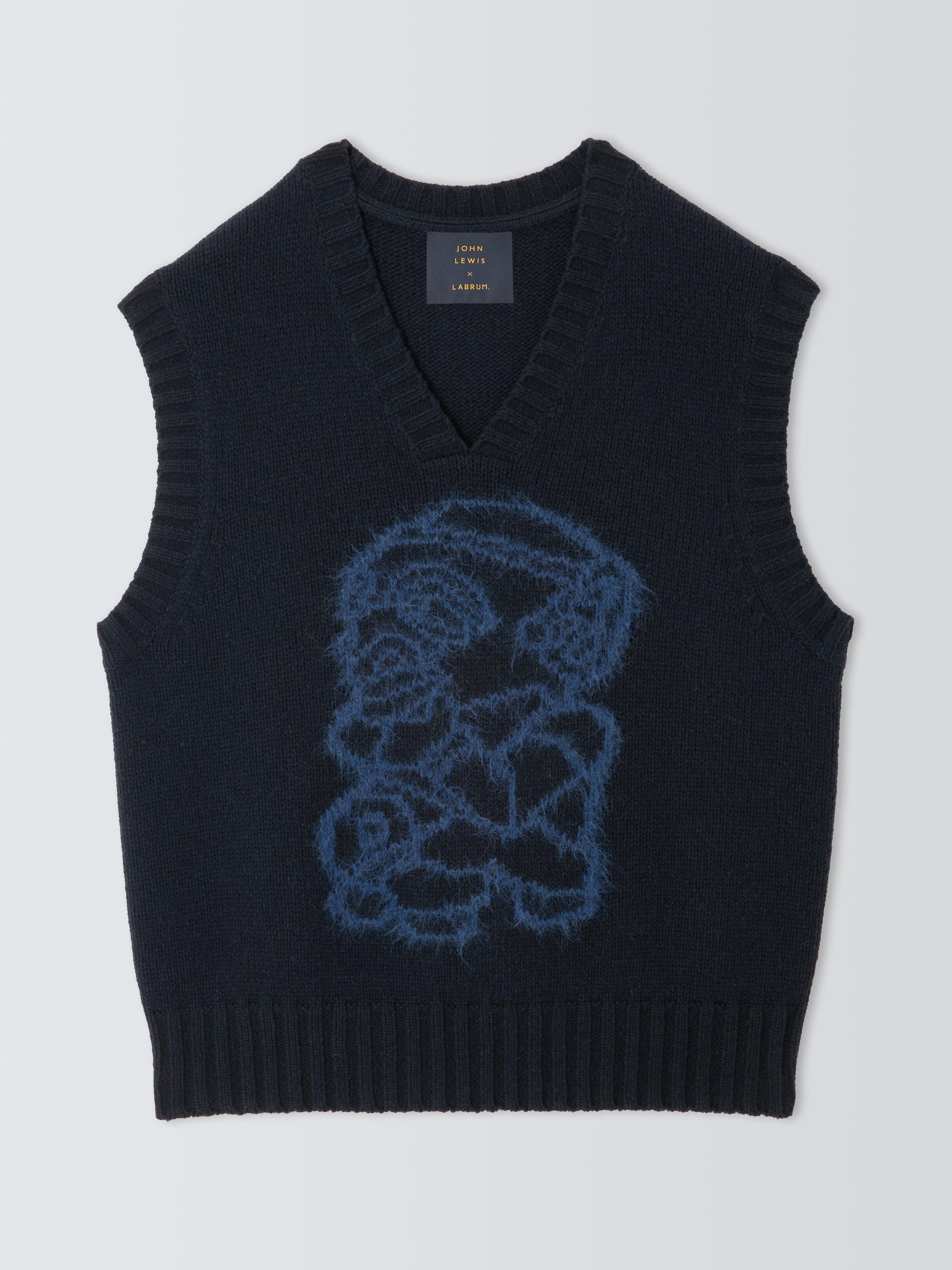 Product image 4 of 6, which shows John Lewis x LABRUM Lambswool Blend V-Neck Tank Top, Navy/ Cobalt, S
