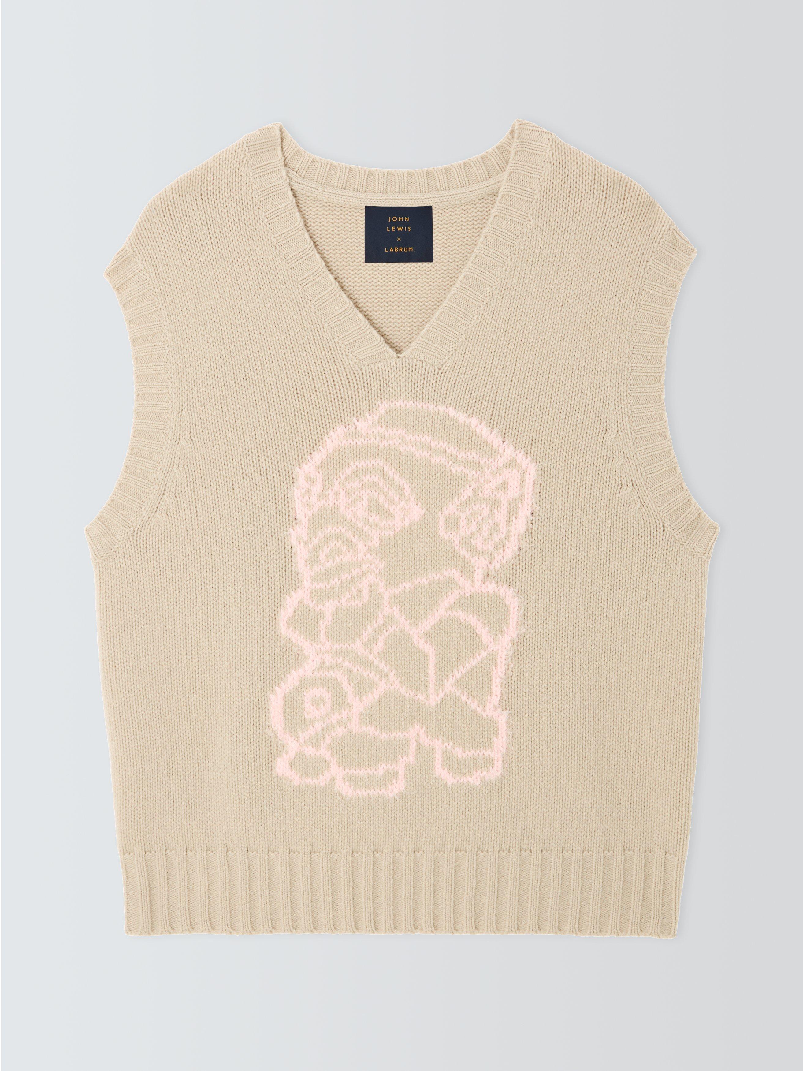 Product image 4 of 6, which shows John Lewis x LABRUM Lambswool Blend V-Neck Tank Top, Sand/ Ecru, M