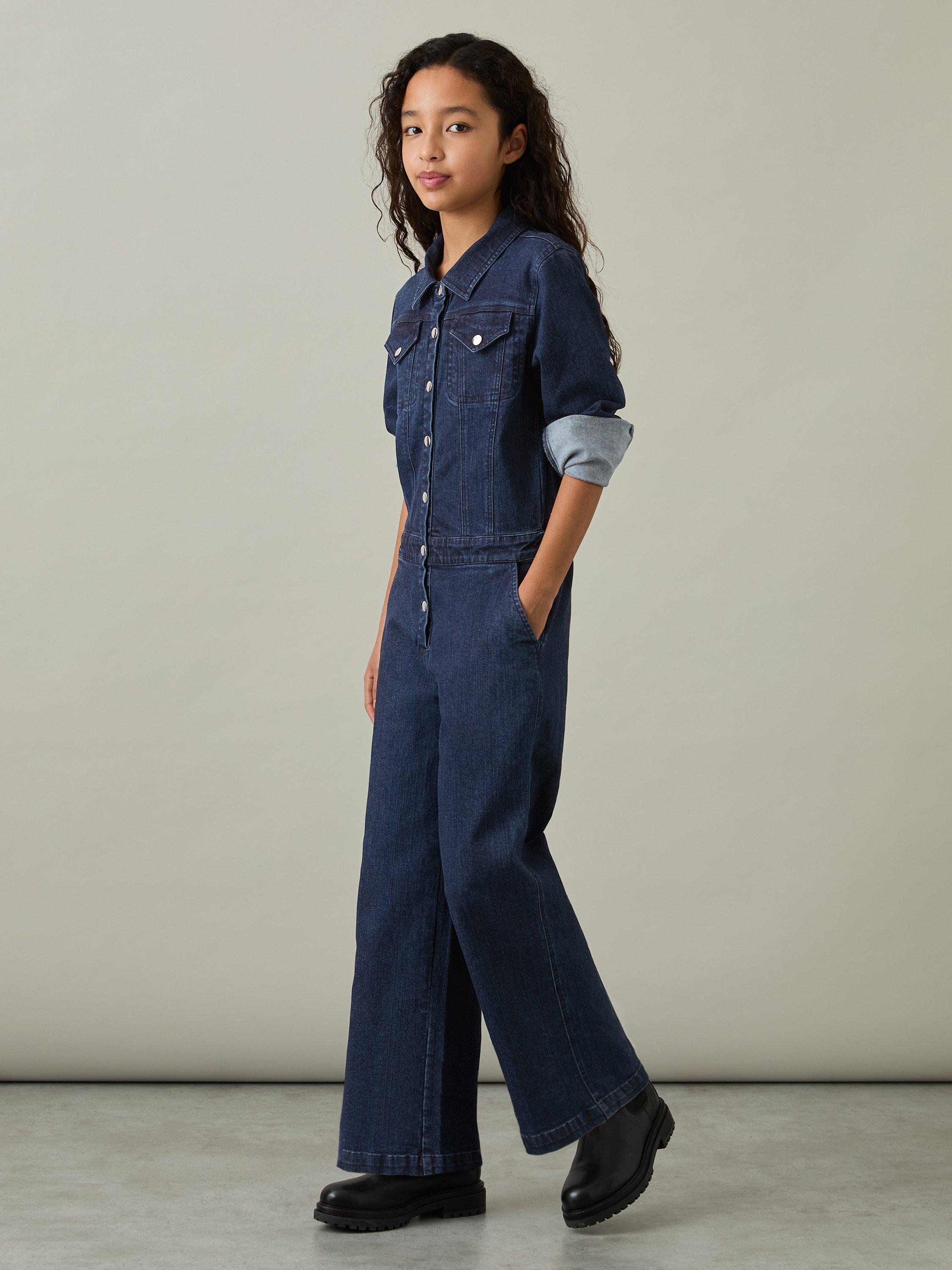 Product image 1 of 4, which shows Reiss Kids' Mira Denim Wide Leg Jumpsuit, Blue, 4-5 years