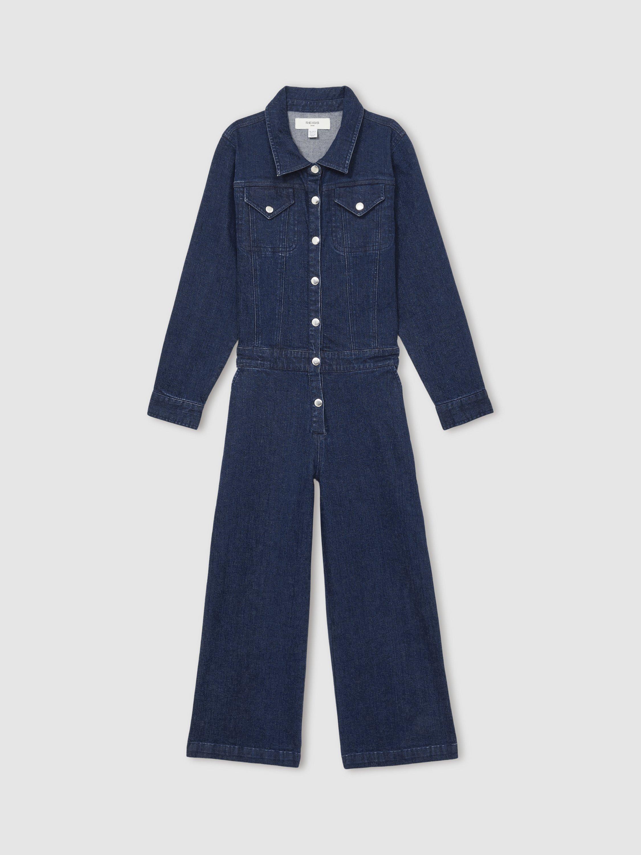 Product image 2 of 4, which shows Reiss Kids' Mira Denim Wide Leg Jumpsuit, Blue, 4-5 years