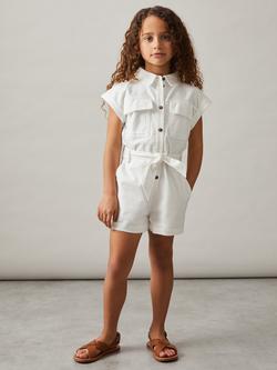 Reiss Kids' Zoe Cotton Linen Blend Short Sleeved Playsuit, Ivory, Ivory