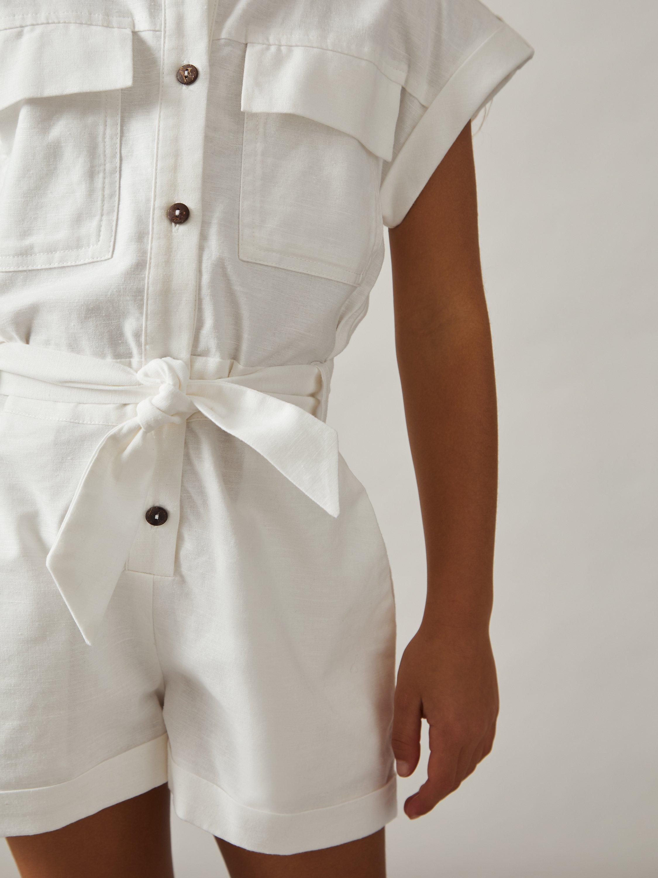 Product image 5 of 5, which shows Reiss Kids' Zoe Cotton Linen Blend Short Sleeved Playsuit, Ivory, 4-5 years