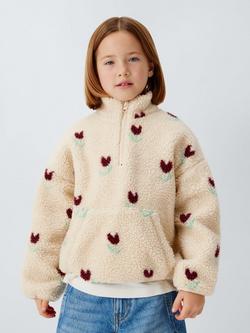 John Lewis Kids' Tulip 1/4 Zip Borg Fleece, Cream, Pink, Cream, Pink