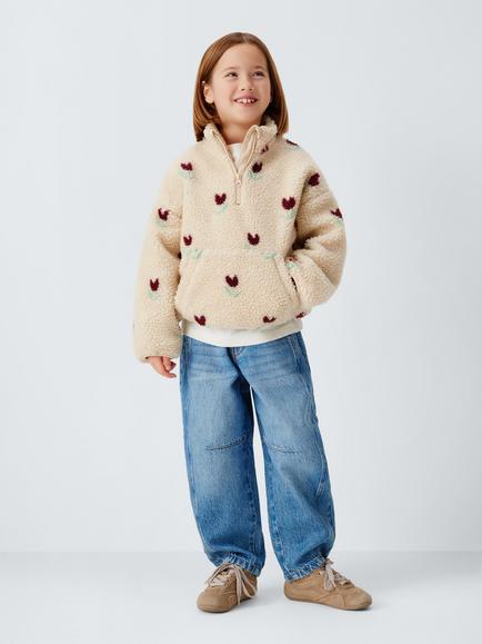 John Lewis Kids' Tulip 1/4 Zip Borg Fleece, Cream, Pink - view 2, Cream, Pink