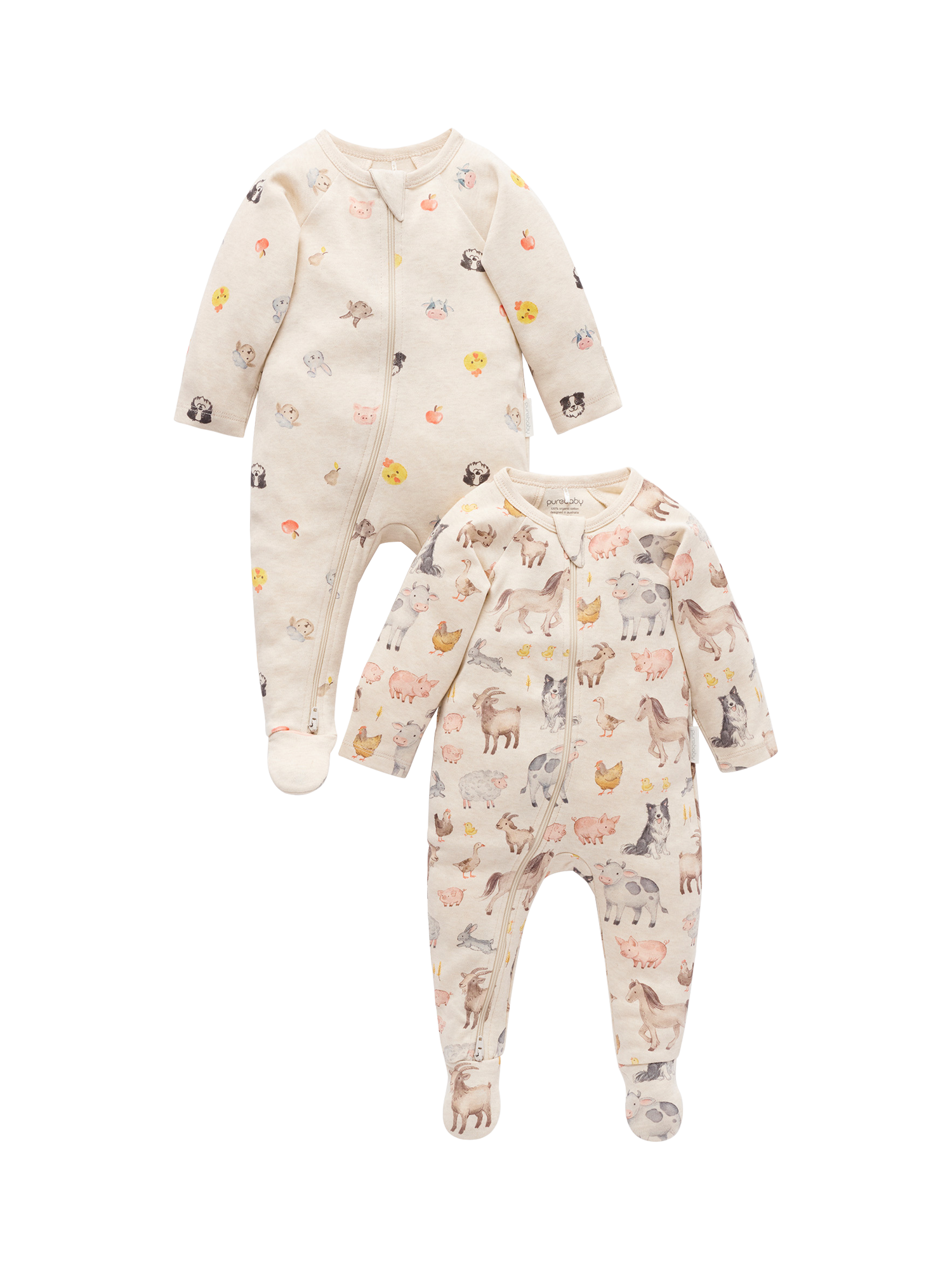 Purebaby Baby Cotton Zip Sleepsuit, Pack of 2, Farm Animals Print