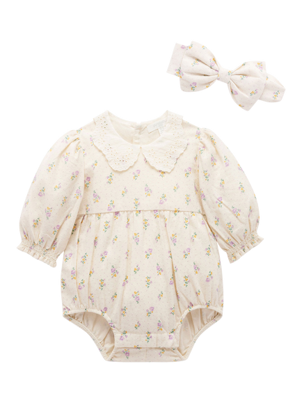 Purebaby Baby Cotton Gathered Bodysuit and Headband Set, Primrose Print, Primrose Print
