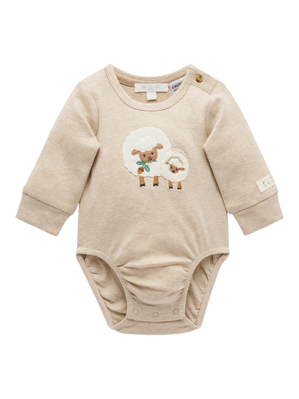 Purebaby Baby Cotton Sheep Applique Bodysuit, Almond Melange, Almond Melange
