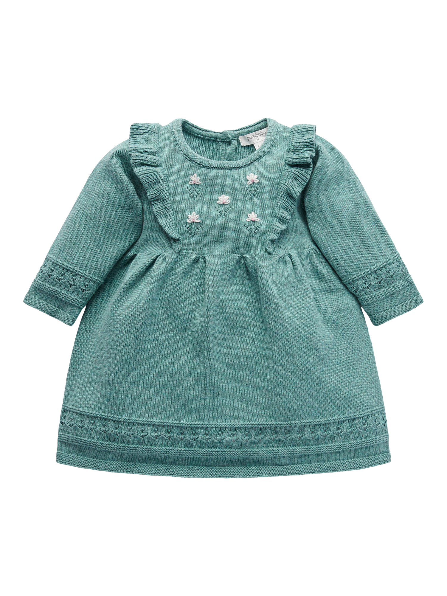 Purebaby Baby Primrose Wool Blend Knitted Dress, Pea Green
