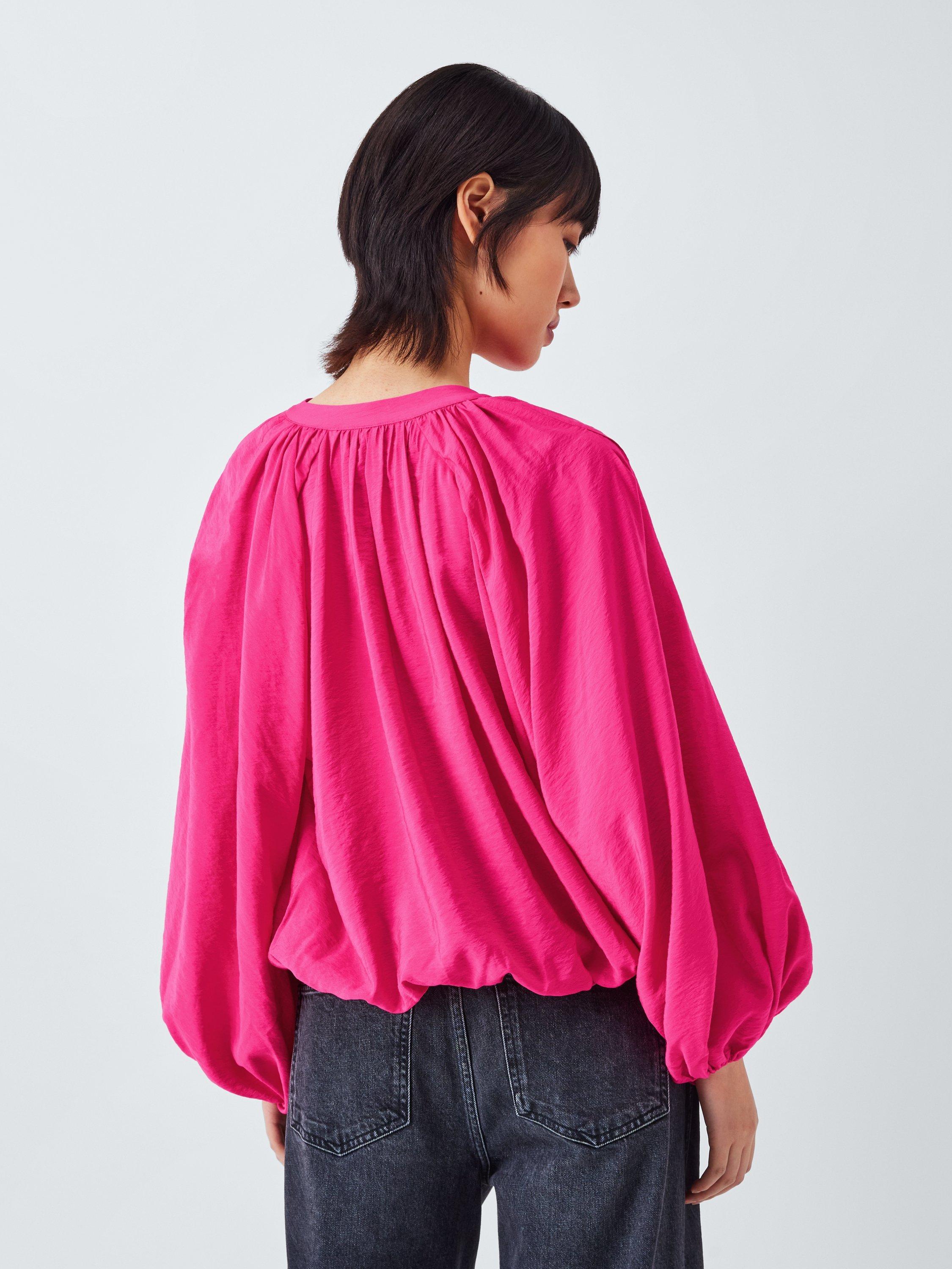 Product image 2 of 6, which shows AND/OR Lindy V-Neck Balloon Sleeve Drape Blouse, Pink, 6
