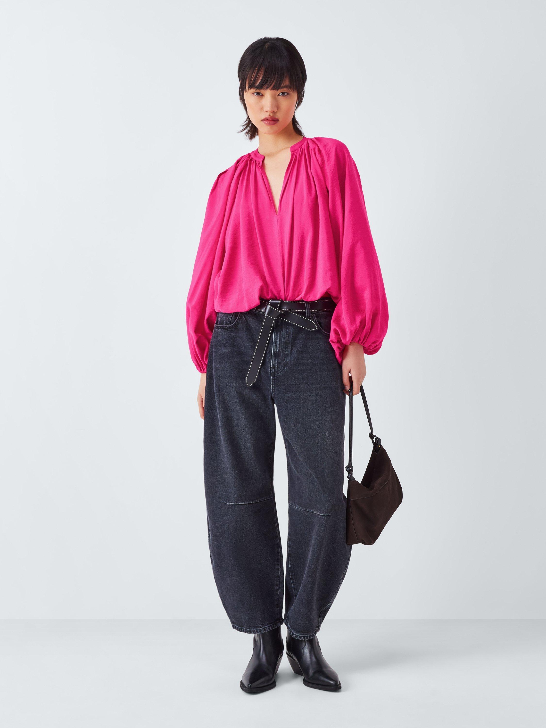 Product image 3 of 6, which shows AND/OR Lindy V-Neck Balloon Sleeve Drape Blouse, Pink, 6
