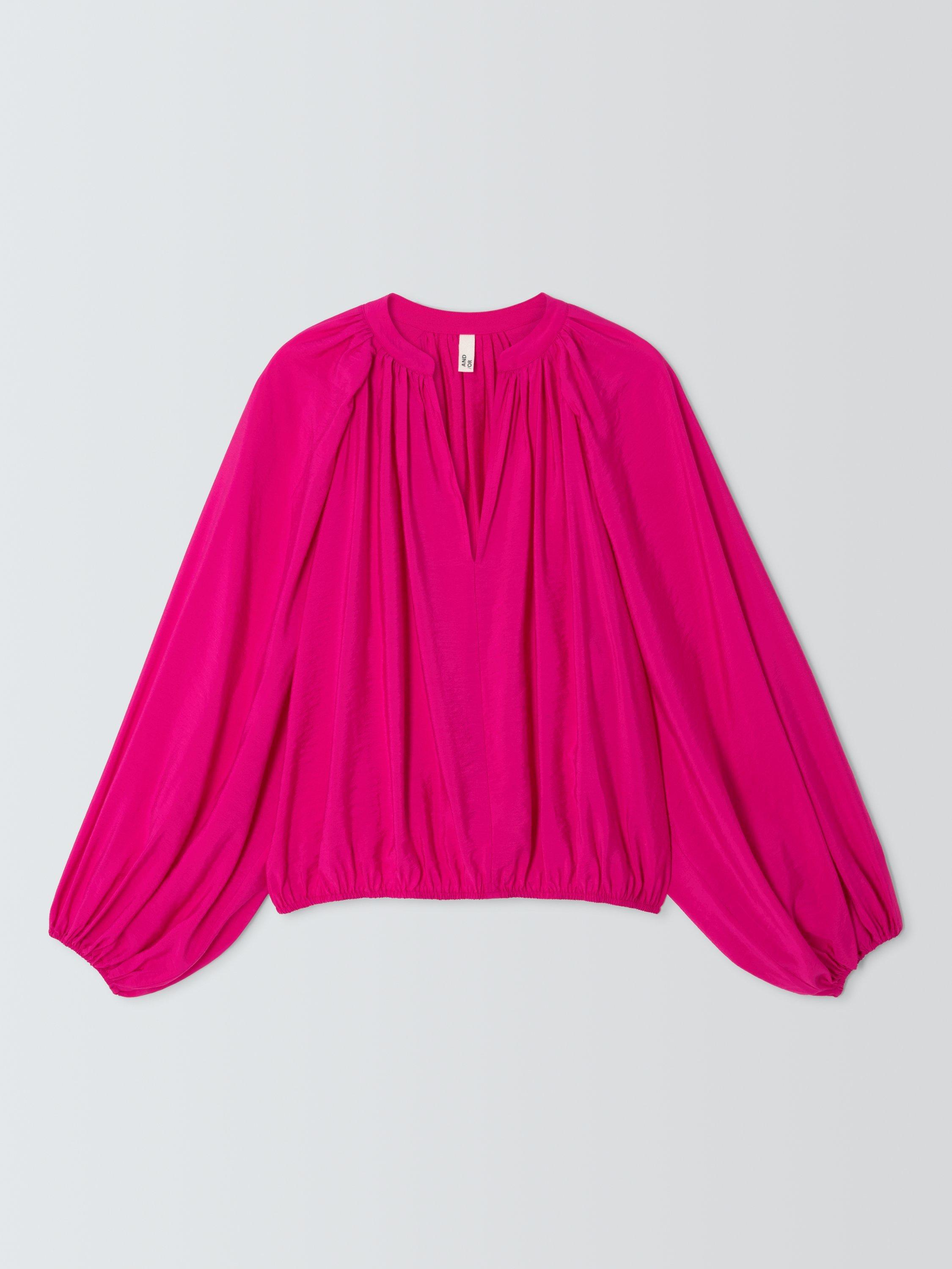 Product image 4 of 6, which shows AND/OR Lindy V-Neck Balloon Sleeve Drape Blouse, Pink, 6