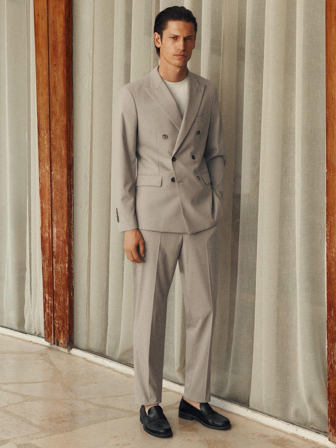 Product image 8 of 9, which shows Mango Monaco Slim Fit Double Breasted Blazer, Light Beige, 34