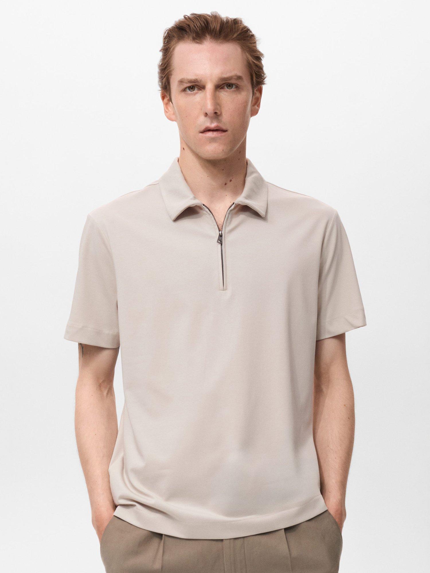 Product image 1 of 8, which shows Mango Carle Half Zip Cotton Blend Polo Shirt, Natural Beige, XS