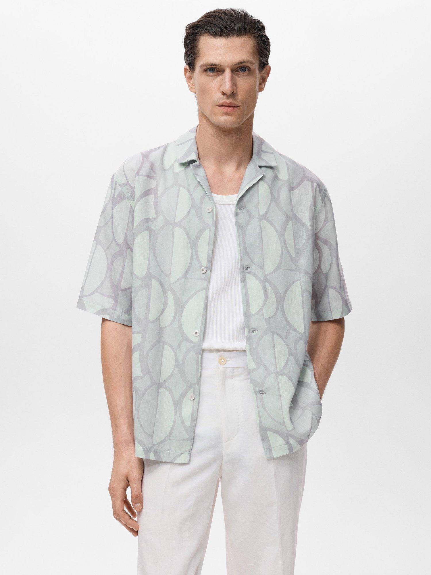 Product image 1 of 8, which shows Mango Bergurv Abstract Print Short Sleeve Collar Shirt, Blue/Multi, S