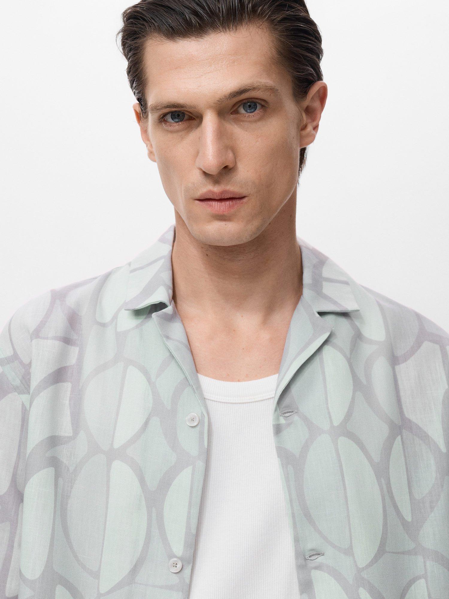 Product image 6 of 8, which shows Mango Bergurv Abstract Print Short Sleeve Collar Shirt, Blue/Multi, S