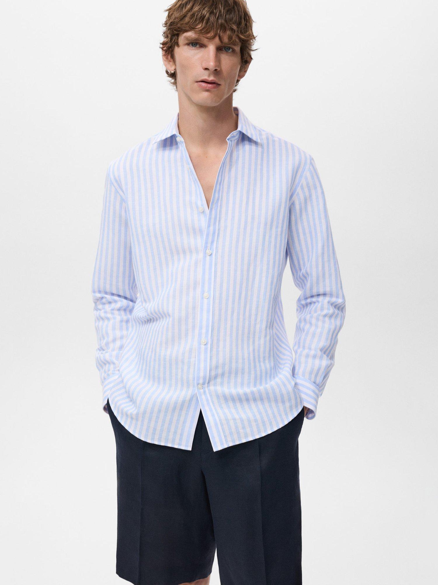 Product image 1 of 8, which shows Mango Elda Stripe Linen Cotton Blend Shirt, Blue/White, XS