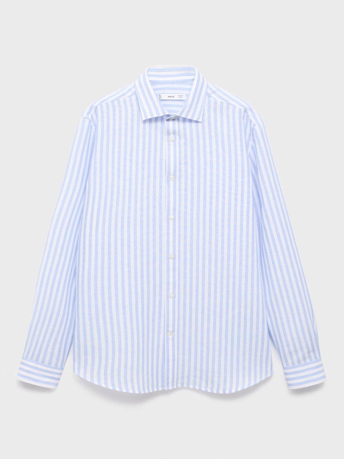 Product image 3 of 8, which shows Mango Elda Stripe Linen Cotton Blend Shirt, Blue/White, XS